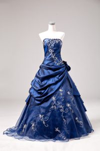 Vintage One Shoulder Sleeveless Lace Up Embroidery and Hand Made Flower Quinceanera Dress in Blue