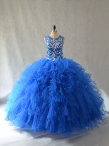 Lovely Blue Tulle Side Zipper Scoop Sleeveless Floor Length Quinceanera Gowns Beading and Ruffles