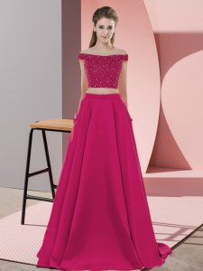 Super Hot Pink Elastic Woven Satin Backless Off The Shoulder Sleeveless Prom Party Dress Sweep Train Beading