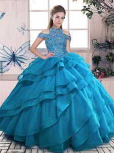 Decent Floor Length Lace Up Quinceanera Dresses Blue for Sweet 16 and Quinceanera with Beading and Ruffled Layers