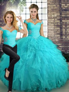  Tulle Off The Shoulder Sleeveless Lace Up Beading and Ruffles Quinceanera Gowns in Aqua Blue
