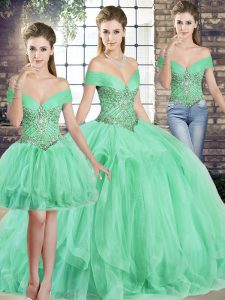  Sleeveless Floor Length Beading and Ruffles Lace Up Quinceanera Dress with Apple Green
