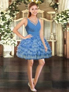 Graceful Blue V-neck Backless Ruffled Layers Prom Gown Sleeveless