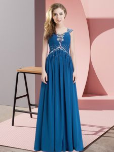 Clearance Blue Chiffon Lace Up Evening Dress Cap Sleeves Floor Length Beading