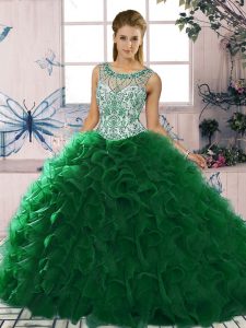 Glittering Scoop Sleeveless Organza 15th Birthday Dress Beading and Ruffles Lace Up