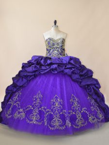 Designer Sweetheart Sleeveless Sweet 16 Dress Brush Train Embroidery and Pick Ups Purple Satin and Organza
