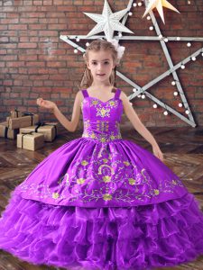  Satin and Organza Straps Sleeveless Lace Up Embroidery and Ruffled Layers Little Girls Pageant Dress Wholesale in Lavender