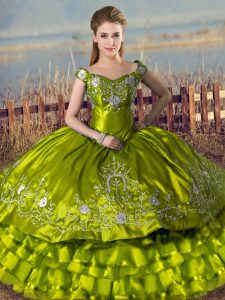 Extravagant Olive Green Off The Shoulder Neckline Embroidery and Ruffled Layers Quinceanera Gown Sleeveless Lace Up