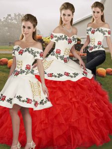  White And Red Organza Lace Up Ball Gown Prom Dress Sleeveless Floor Length Embroidery and Ruffles