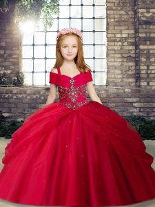  Floor Length Lace Up Little Girl Pageant Gowns Red for Party and Wedding Party with Beading