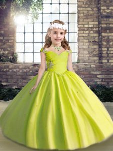  Tulle Straps Sleeveless Lace Up Beading Little Girls Pageant Dress in Yellow Green