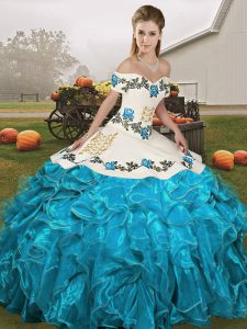 Exceptional Floor Length Blue And White 15 Quinceanera Dress Organza Sleeveless Embroidery and Ruffles
