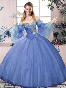 Glittering Blue Sleeveless Floor Length Beading Lace Up 15 Quinceanera Dress