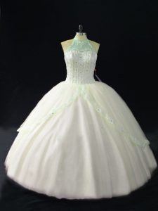 High End Sleeveless Tulle Floor Length Lace Up Sweet 16 Dress in White with Beading