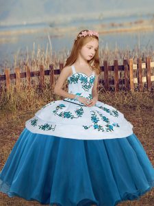  Embroidery Pageant Gowns For Girls Blue Lace Up Sleeveless Floor Length