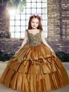  Brown Taffeta Lace Up Little Girl Pageant Gowns Sleeveless Floor Length Beading