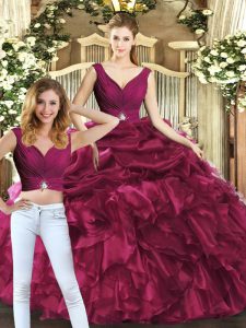 Superior Floor Length Backless Quinceanera Dress Burgundy for Sweet 16 and Quinceanera with Pick Ups