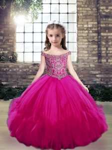  Fuchsia Tulle Lace Up Off The Shoulder Sleeveless Floor Length Little Girl Pageant Dress Beading