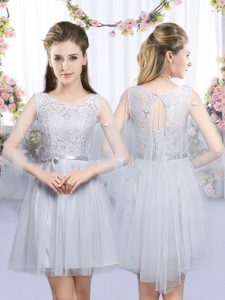 Luxurious Sleeveless Tulle Mini Length Lace Up Damas Dress in Grey with Lace and Belt