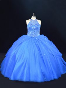  Halter Top Sleeveless Lace Up 15th Birthday Dress Blue Tulle