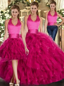  Fuchsia Three Pieces Tulle Halter Top Sleeveless Ruffles Floor Length Lace Up Quinceanera Gown