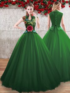 Sumptuous Green Sleeveless Floor Length Hand Made Flower Lace Up Quinceanera Dress