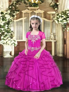 Eye-catching Fuchsia Ball Gowns Tulle Straps Sleeveless Beading Floor Length Lace Up Little Girls Pageant Dress Wholesale