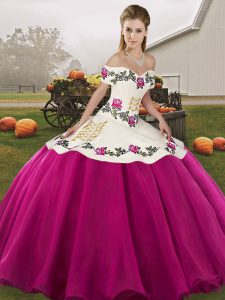  Fuchsia Lace Up Off The Shoulder Embroidery 15 Quinceanera Dress Organza Sleeveless