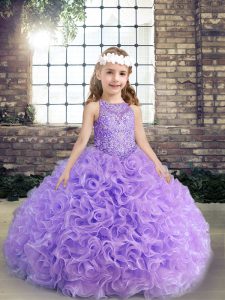  Fabric With Rolling Flowers Sleeveless Floor Length Little Girls Pageant Gowns and Beading and Ruching
