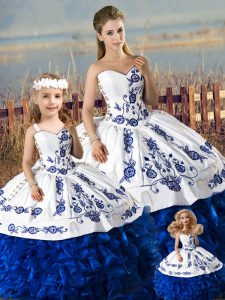 Sumptuous Floor Length Blue And White Sweet 16 Dress Organza Sleeveless Embroidery and Ruffles