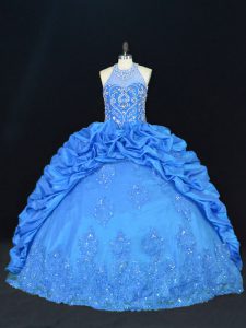 Fine Blue Lace Up Halter Top Beading and Appliques and Embroidery and Pick Ups 15th Birthday Dress Taffeta Sleeveless