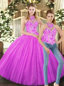 Custom Design Halter Top Sleeveless Tulle Ball Gown Prom Dress Embroidery Lace Up
