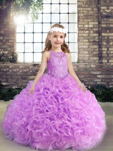  Lilac Sleeveless Floor Length Beading Lace Up Pageant Gowns For Girls