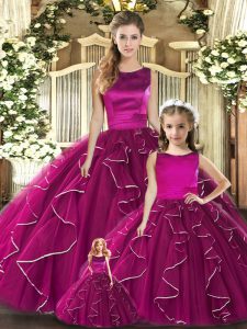 Charming Sleeveless Tulle Floor Length Lace Up Quinceanera Gown in Fuchsia with Ruffles