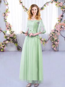 Hot Selling Half Sleeves Floor Length Lace and Belt Side Zipper Dama Dress with Apple Green