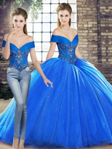  Two Pieces Sleeveless Royal Blue Sweet 16 Dress Brush Train Lace Up