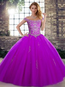 Best Purple 15th Birthday Dress Military Ball and Sweet 16 and Quinceanera with Beading Off The Shoulder Sleeveless Lace Up