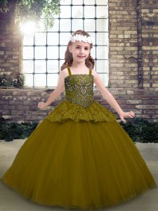  Sleeveless Tulle Floor Length Lace Up Girls Pageant Dresses in Olive Green with Beading