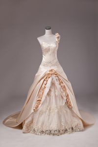 Custom Made Champagne Ball Gowns Satin One Shoulder Sleeveless Embroidery and Hand Made Flower Lace Up Sweet 16 Dresses Brush Train
