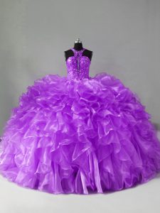 Hot Sale Purple Quinceanera Gowns Sweet 16 and Quinceanera with Beading and Ruffles Halter Top Sleeveless Brush Train Zipper