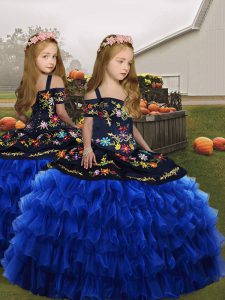  Straps Sleeveless Little Girls Pageant Dress Wholesale Floor Length Embroidery Royal Blue Organza