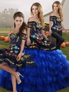  Blue And Black Organza Lace Up Quinceanera Gowns Sleeveless Floor Length Embroidery and Ruffled Layers
