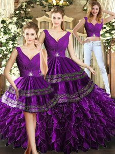 Fabulous Purple Backless V-neck Beading and Embroidery and Ruffles Quinceanera Gown Organza Sleeveless