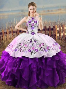 Vintage White And Purple Halter Top Lace Up Embroidery and Ruffles Quinceanera Gown Sleeveless