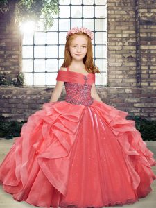  Organza Straps Sleeveless Lace Up Beading and Ruffles Little Girl Pageant Gowns in Coral Red