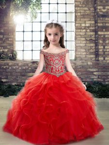  Ball Gowns Pageant Gowns For Girls Red Off The Shoulder Tulle Sleeveless Floor Length Lace Up