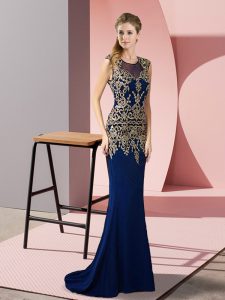 Flare Royal Blue Scoop Neckline Appliques Prom Gown Sleeveless Zipper