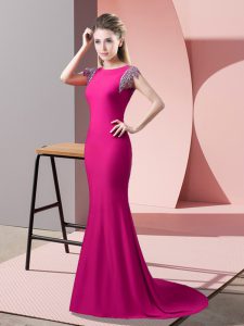 Shining Hot Pink Evening Dress Elastic Woven Satin Brush Train Short Sleeves Beading
