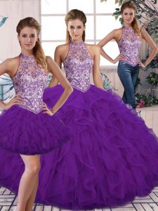  Purple Sleeveless Tulle Lace Up Quinceanera Dress for Military Ball and Sweet 16 and Quinceanera