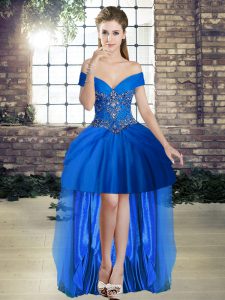  Royal Blue Tulle Lace Up Off The Shoulder Sleeveless High Low Prom Evening Gown Beading